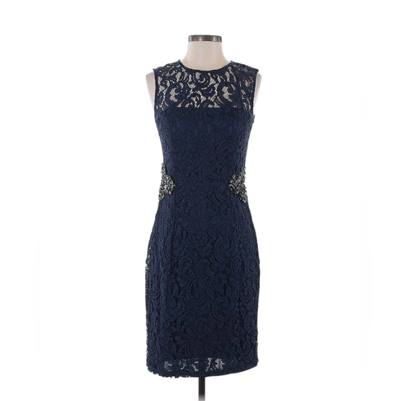 David Meister Dresses & Skirts - David Meister Elegant Navy Rhinestone Lace Sheath Dress Illusion Neckline Size 4